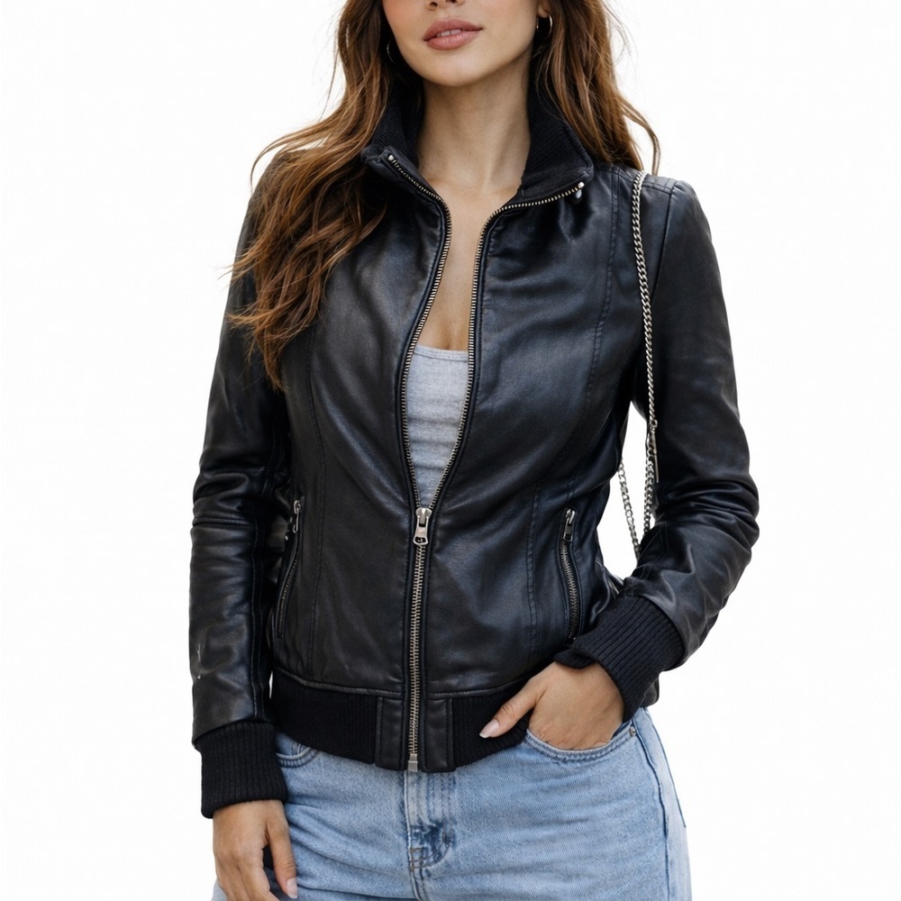 Mackage Black leather jacket with hidden hood in collar size small